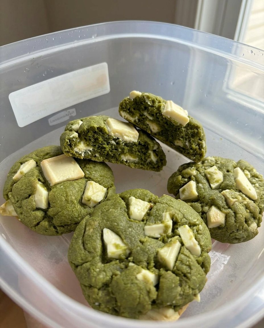 A stack of vibrant green matcha white chocolate cookies on a modern kitchen counter.