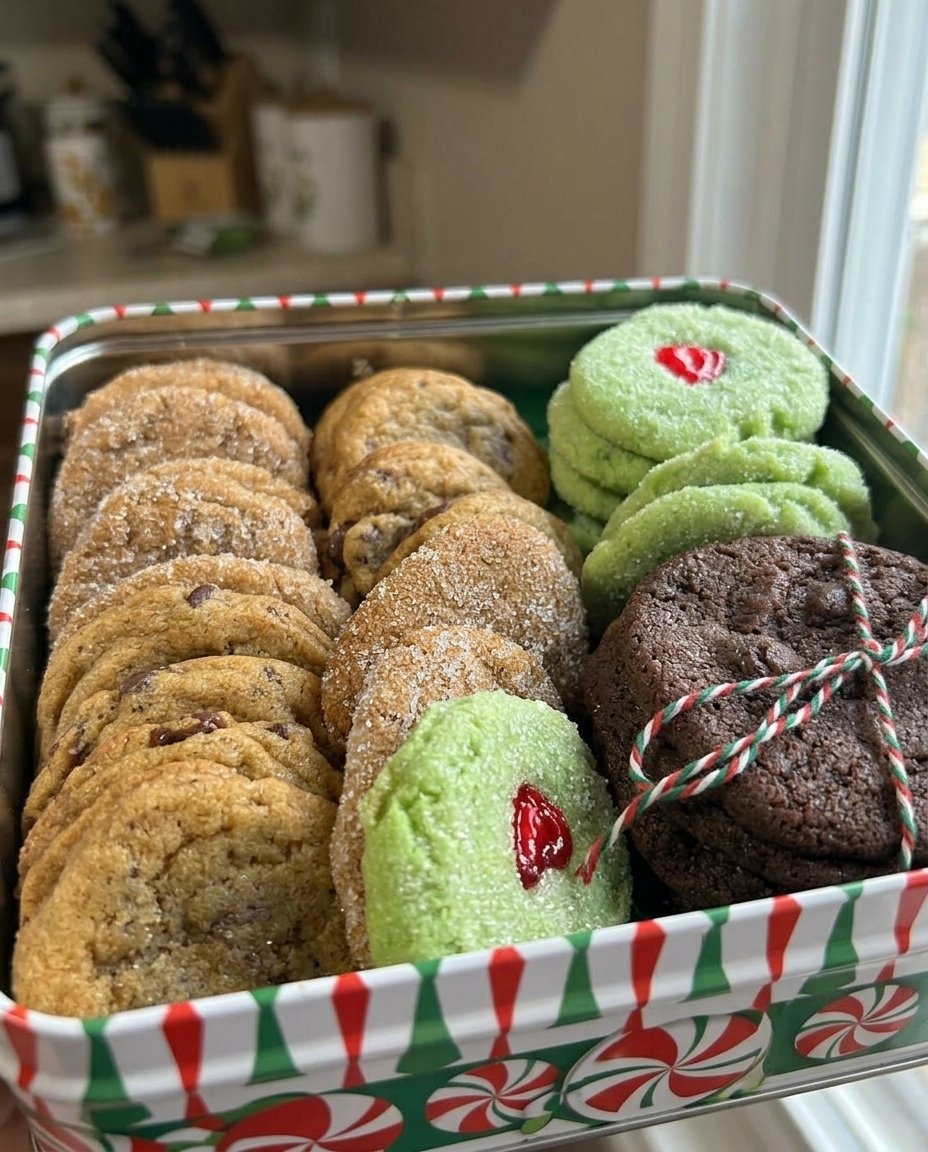 A beautifully layered cookie mix in a glass jar with chocolate chips and M&Ms.