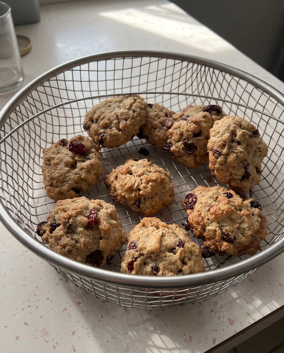 A tray of freshly baked oatmeal raisin cranberry cookies on a cooling rack.