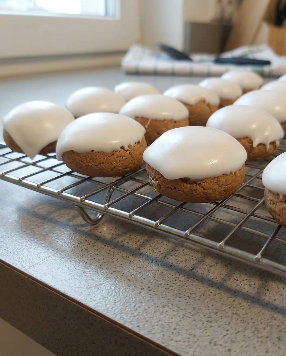A pile of glazed Pfeffernusse cookies on a wooden table.