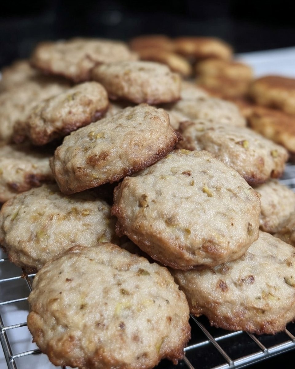 A tray of Cardamom Pistachio Cookies showing a soft green hue and golden edges.