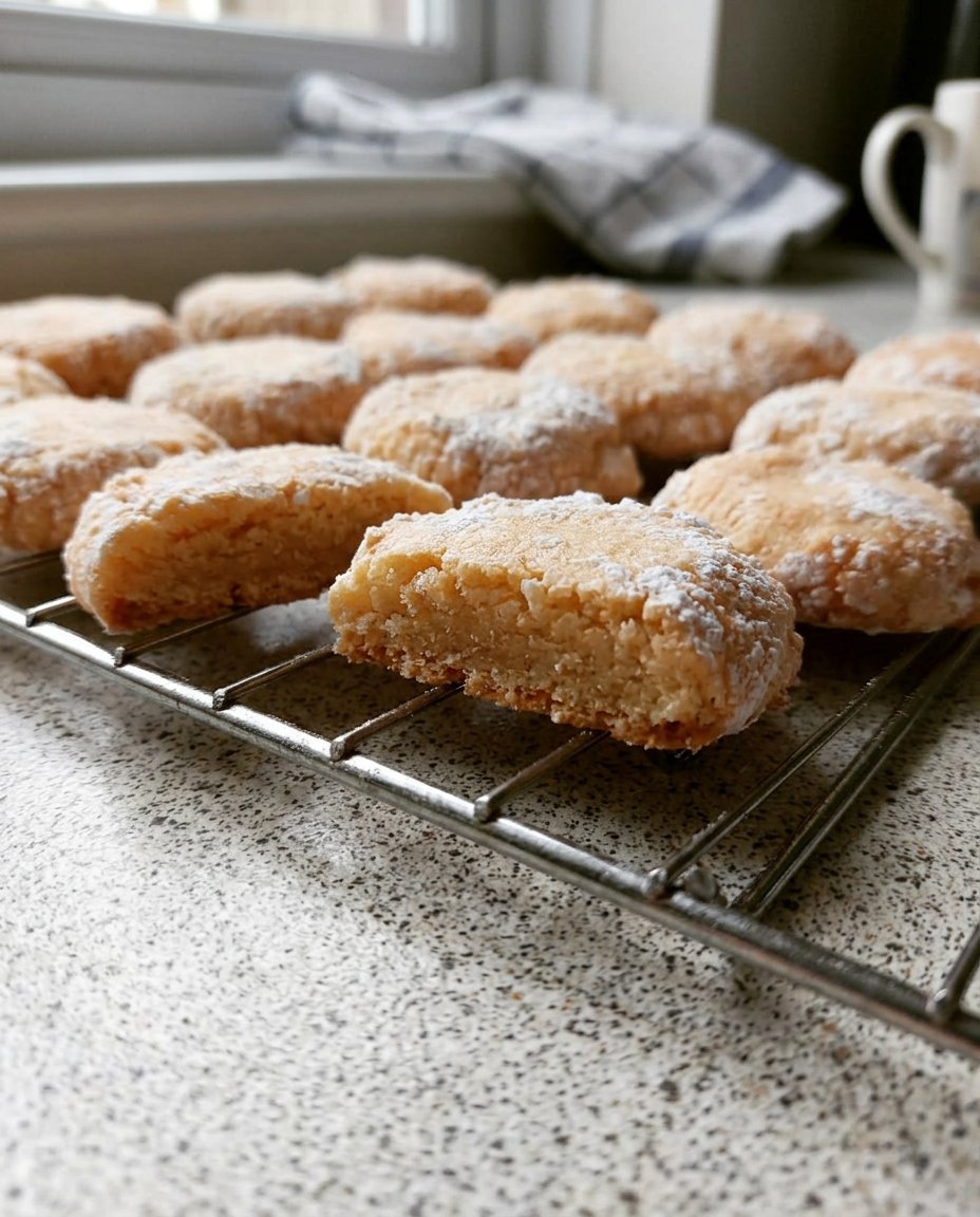 A tray of powdered sugar coated Ricciarelli cookies with beautiful cracks on top.