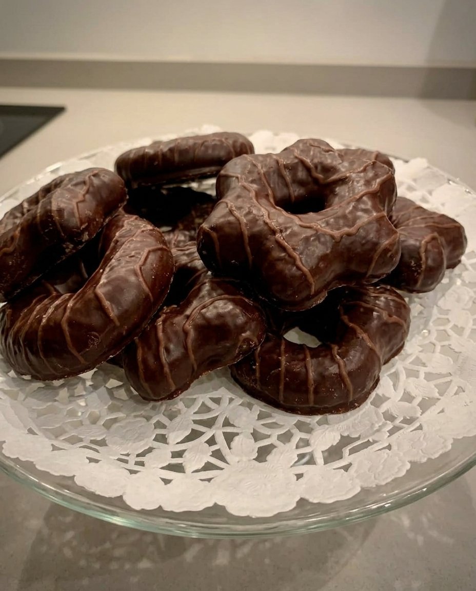 A pile of golden Sandkuchen cookies on a vintage plate