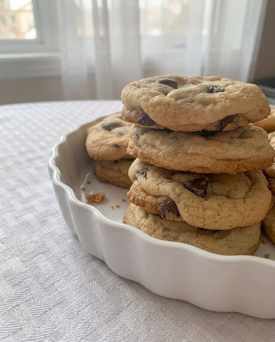 A stack of soft batch cookies with chocolate chips on a marble counter