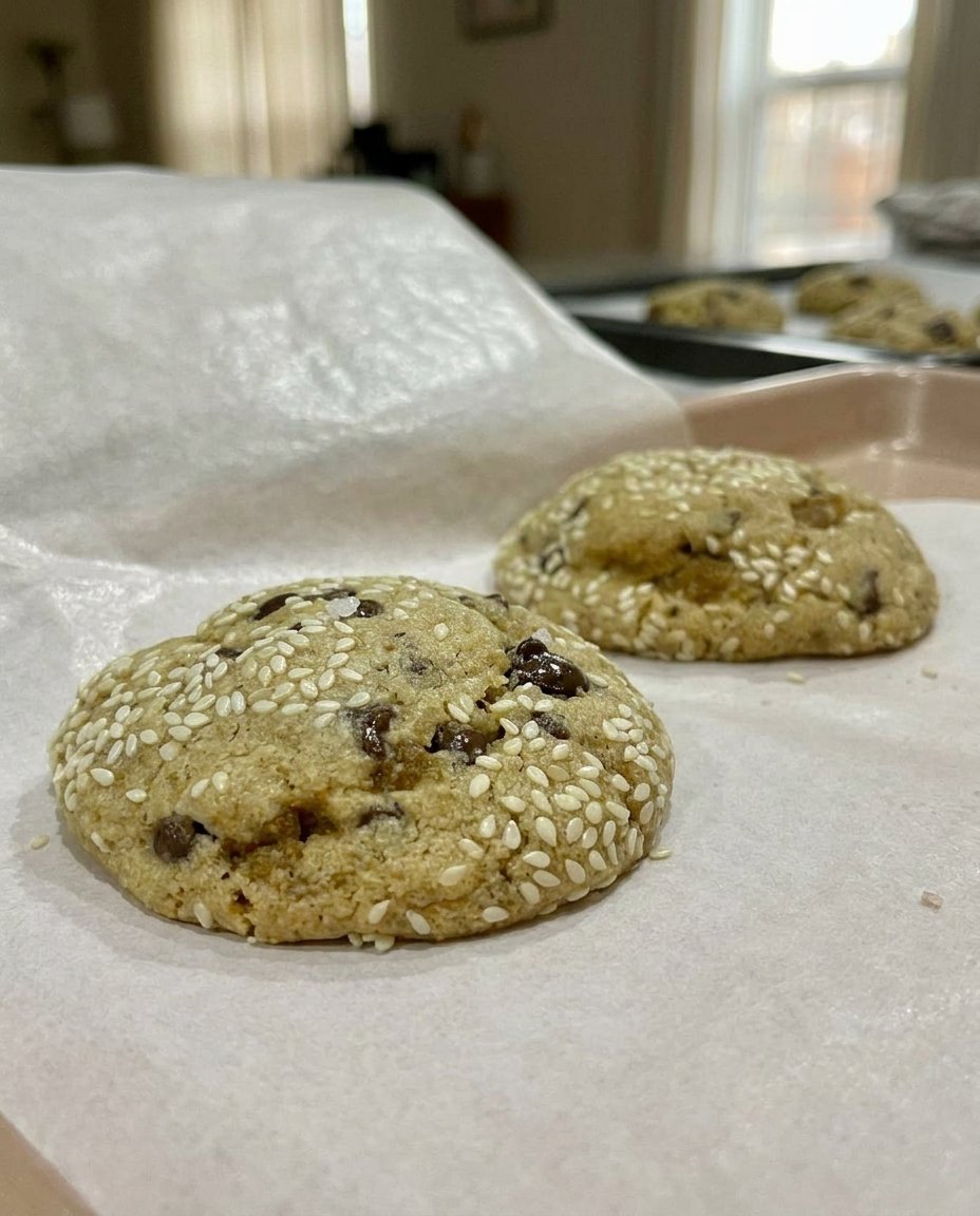 A pile of golden brown Tahini Chocolate Chip cookies on a cooling rack.