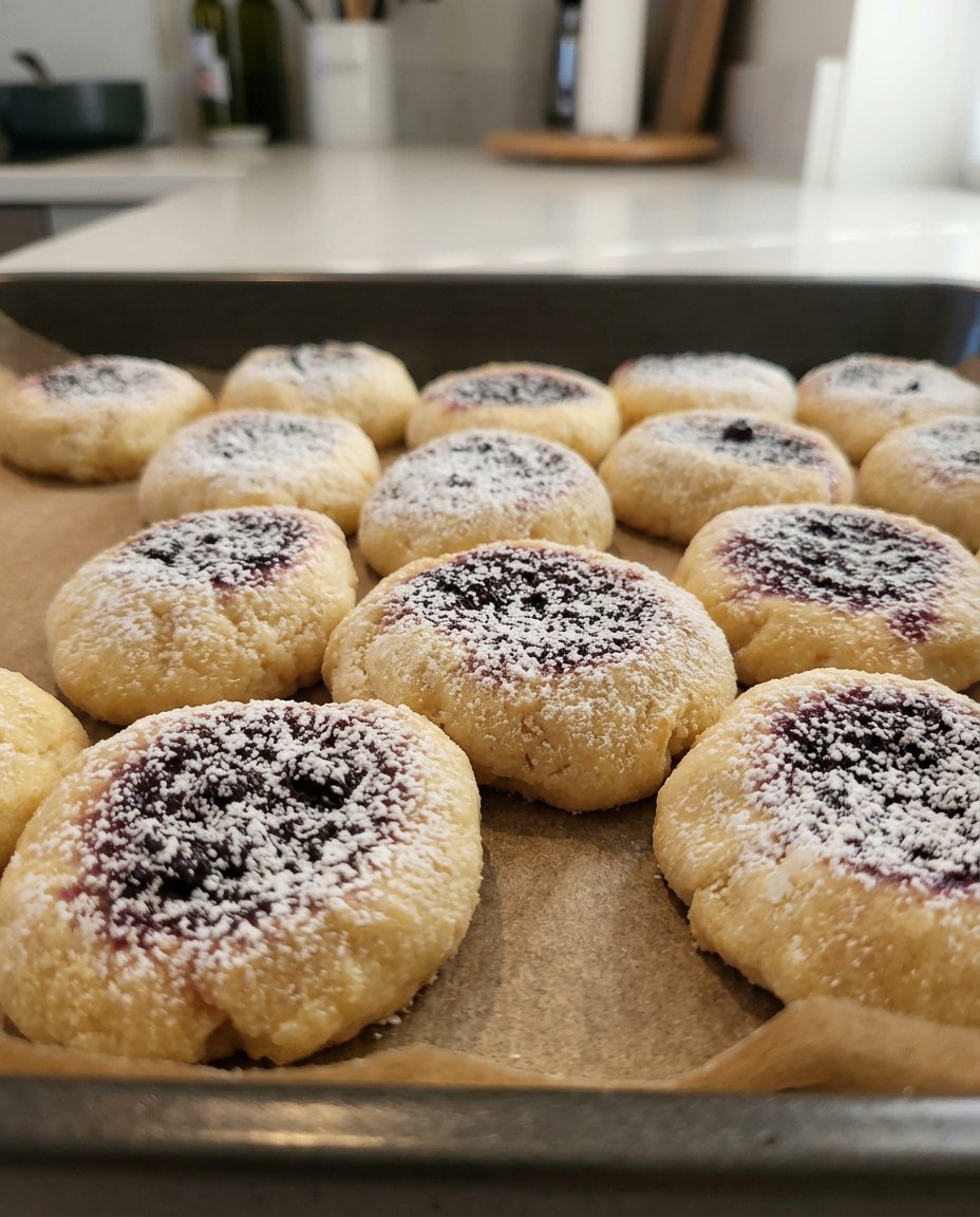 Classic thumbprint cookies with red jam centers on a wooden board.