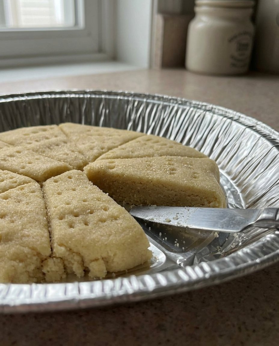 A plate of golden vegan shortbread cookies in a rustic kitchen setting.