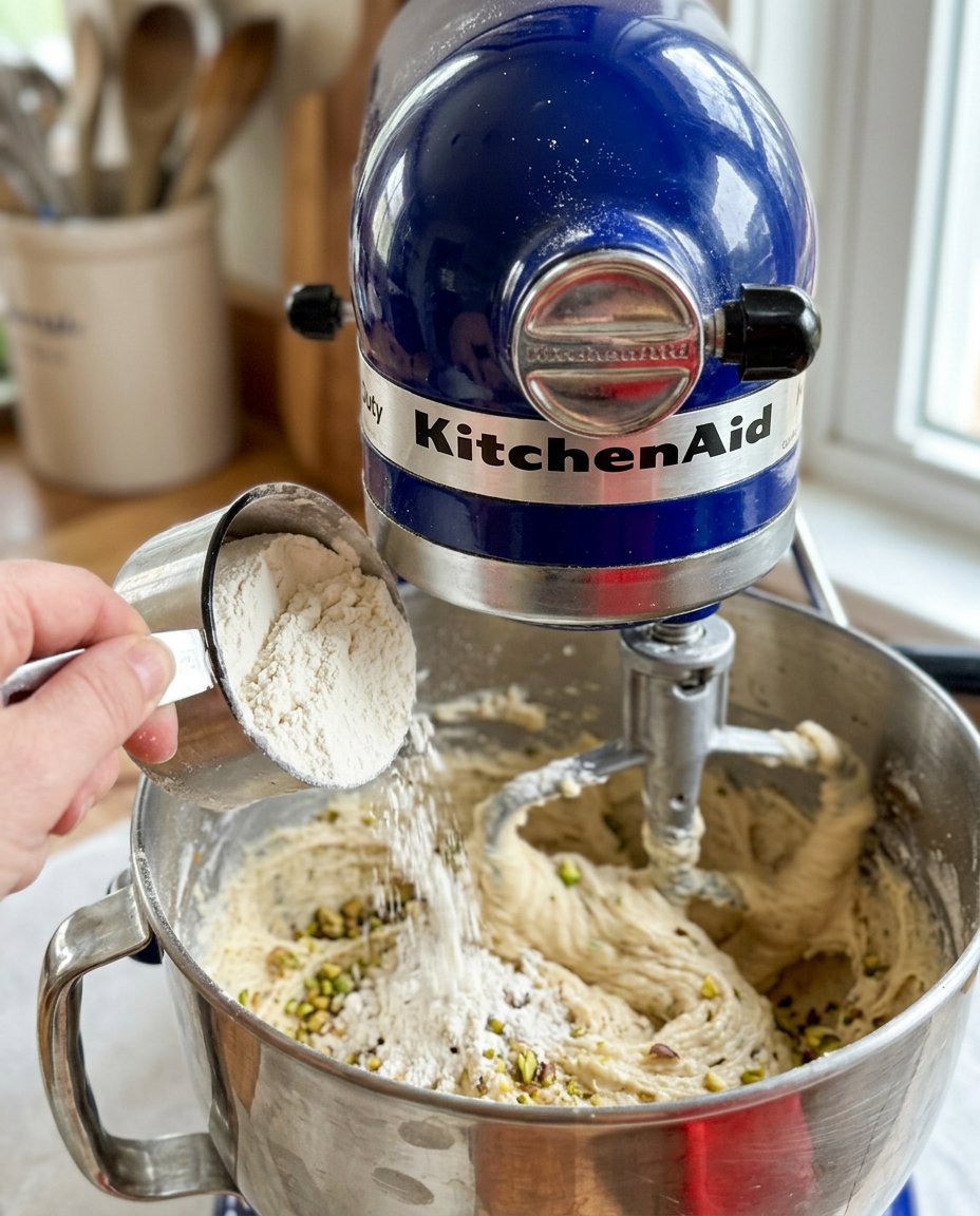 Fresh shelled pistachios, unbleached flour, and cold butter on a wooden counter.
