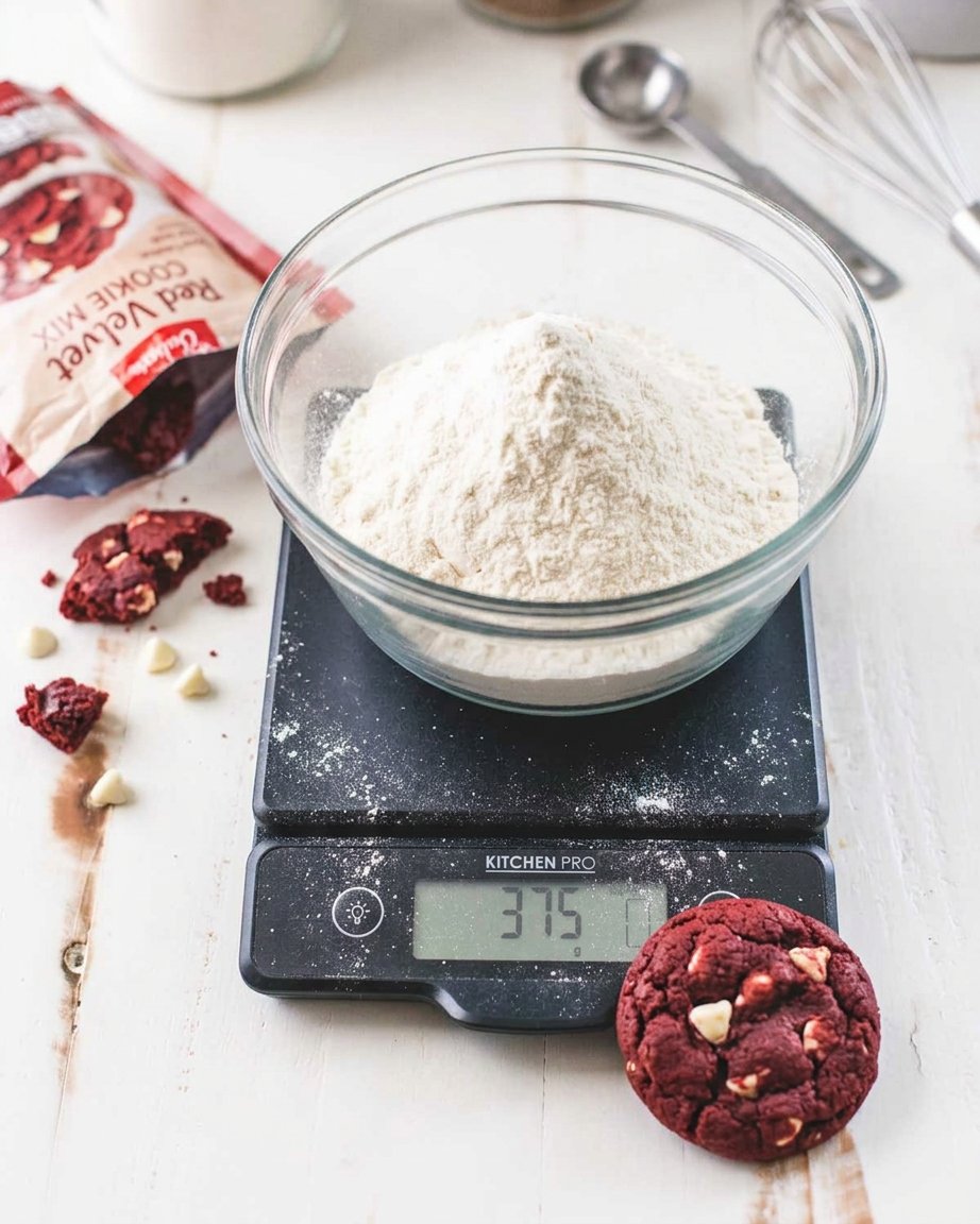 Pantry staples including flour, cocoa, and red food coloring arranged on a rustic wooden table.