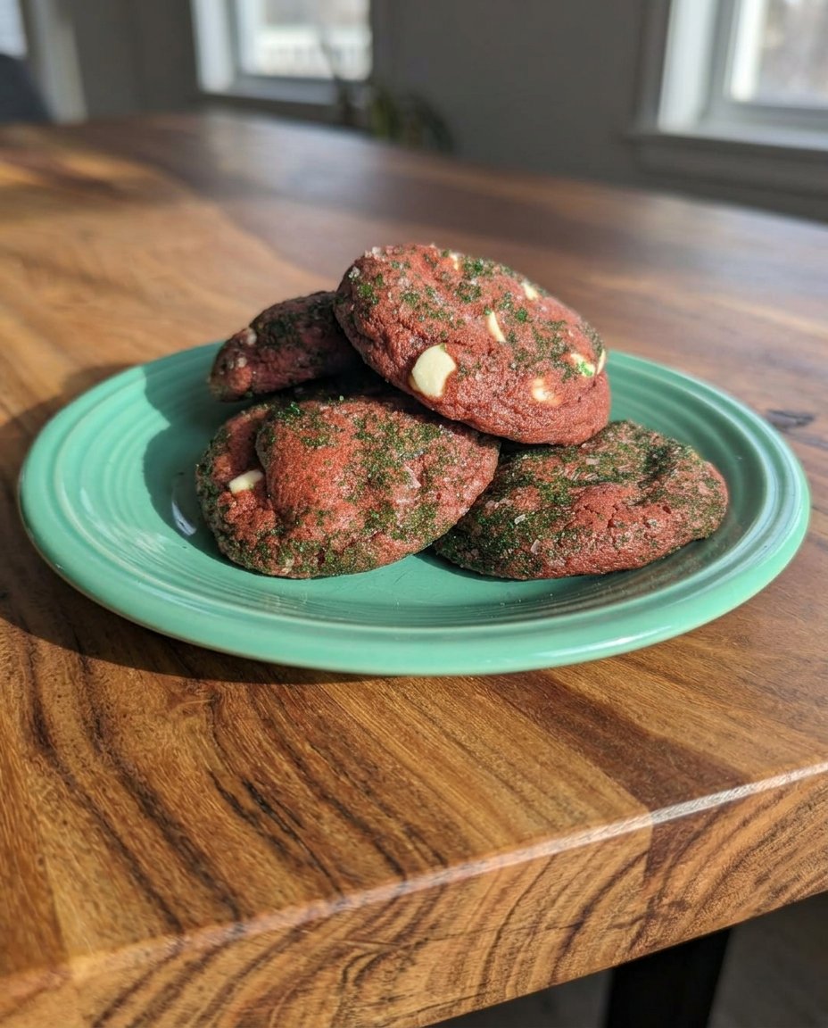 Soft baked red velvet cookies with white chocolate chips on a cooling rack.