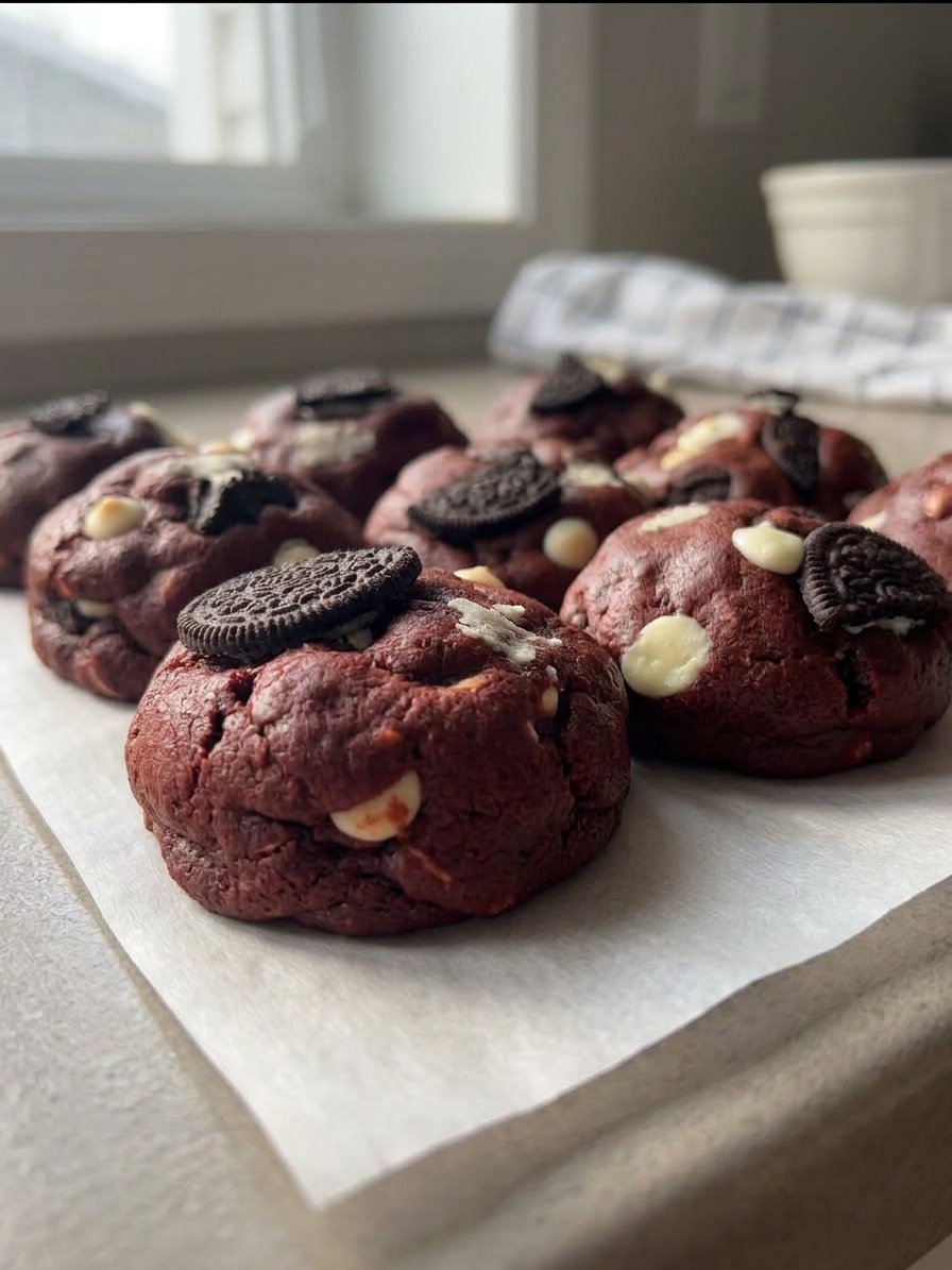 A plate of red velvet cookies served with a glass of milk on a white lace tablecloth.