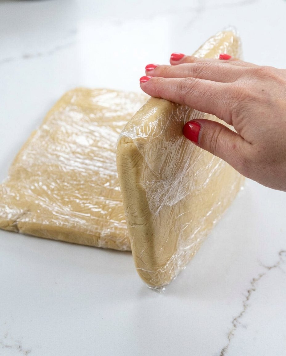 Rolling out linzer cookie dough on plastic wrap