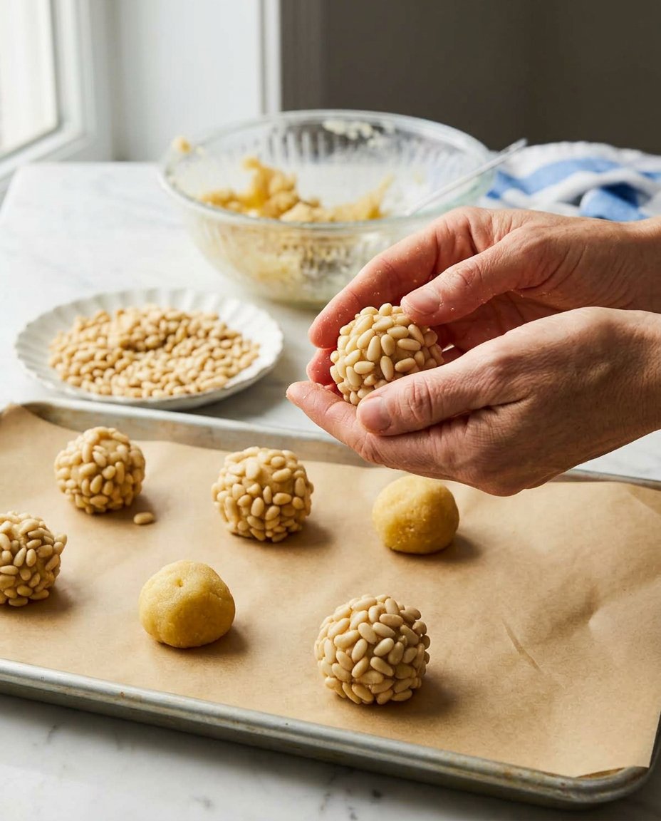Hands rolling pignoli cookie dough balls in a bowl of pine nuts