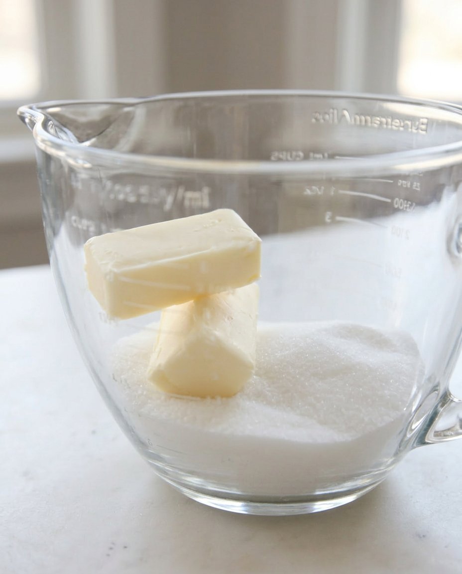 Ingredients for rosette cookies including eggs flour and milk on a clean kitchen counter