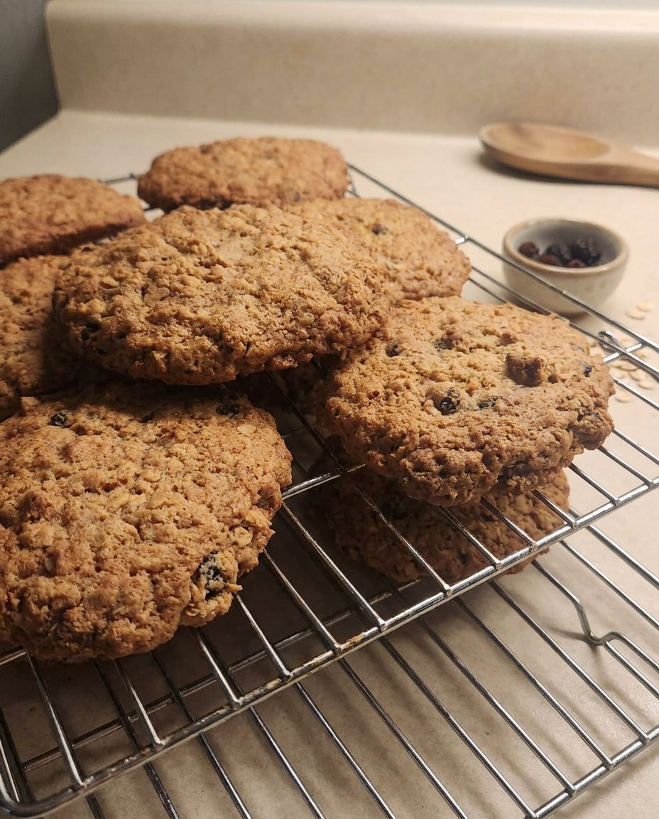 A stack of rum raisin cookies inside a vintage glass cookie jar on a wooden counter.
