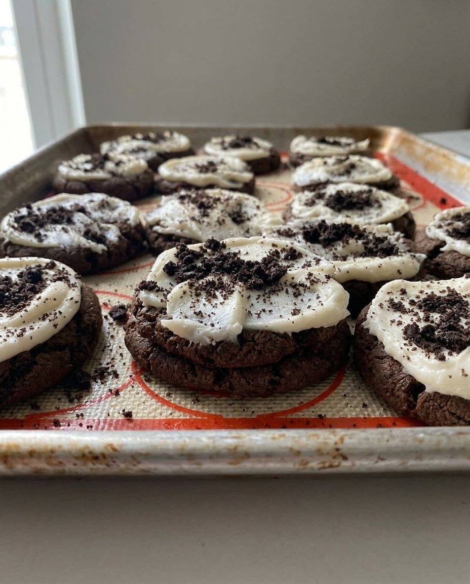 Assembling Oreo copycat cookies with white cream filling