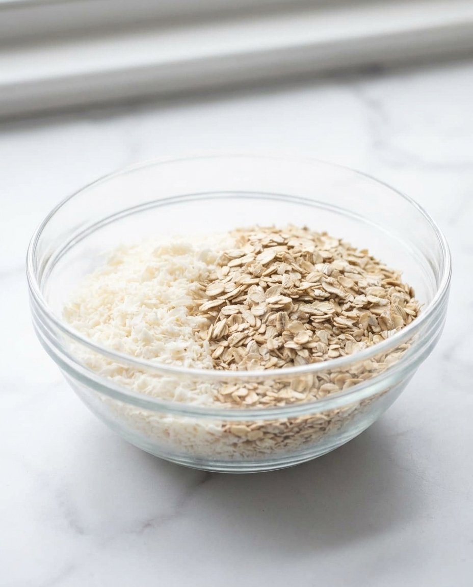 A wooden spoon scooping thick oatmeal coconut cookie dough from a ceramic bowl.