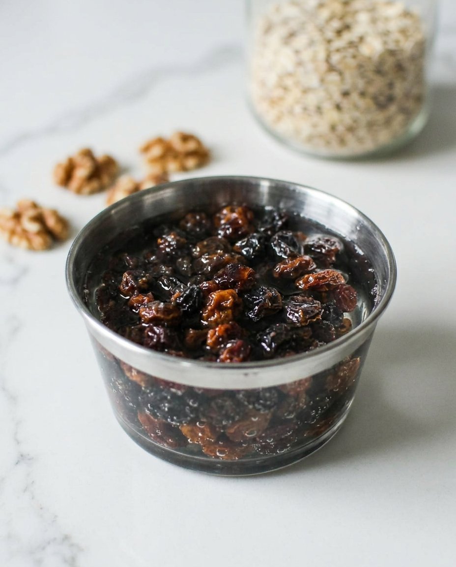 A hand using a traditional metal cookie scoop to place oatmeal raisin walnut dough onto a parchment-lined baking sheet.