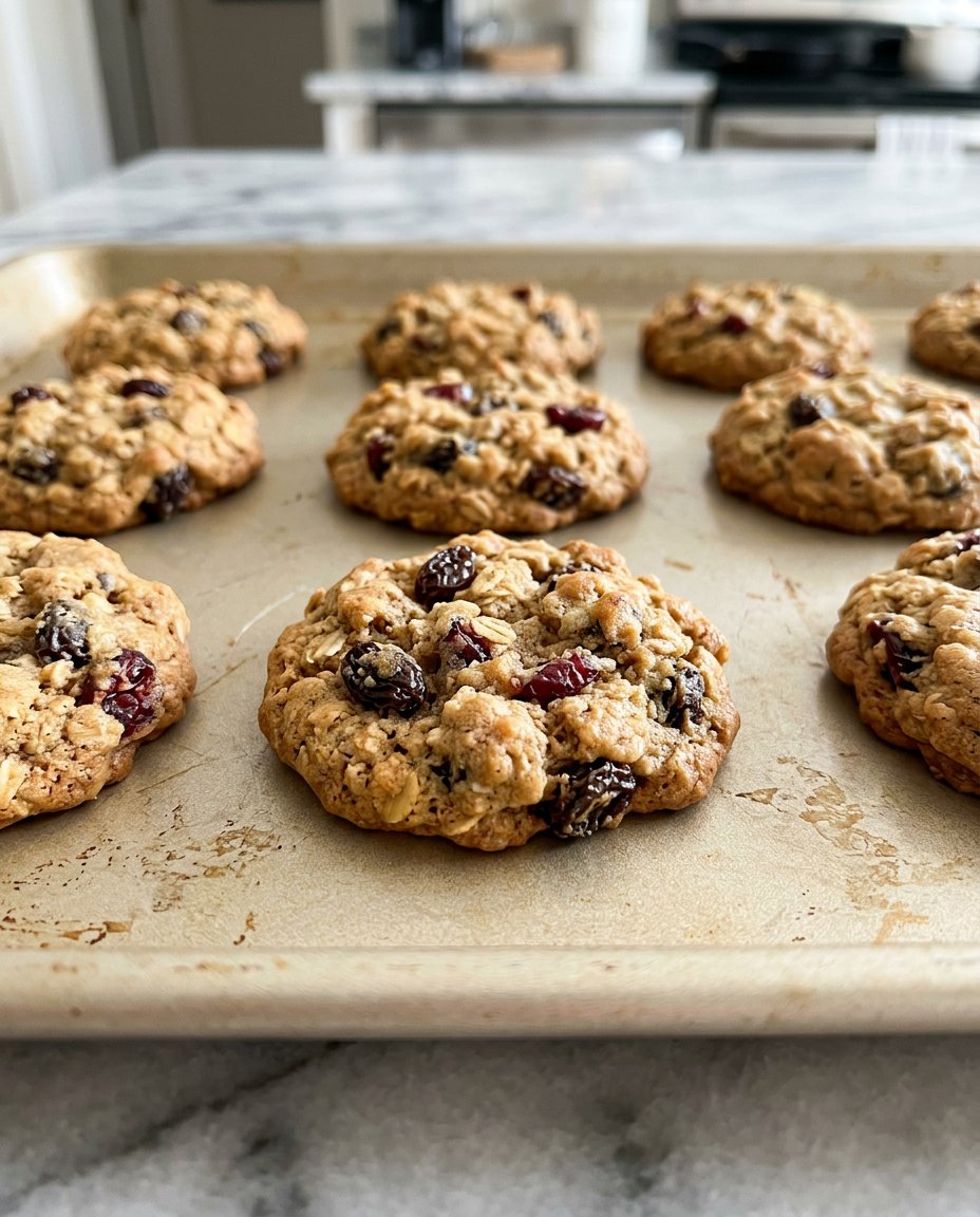 A hand using a cookie scoop to place oatmeal raisin cranberry dough on a baking sheet.