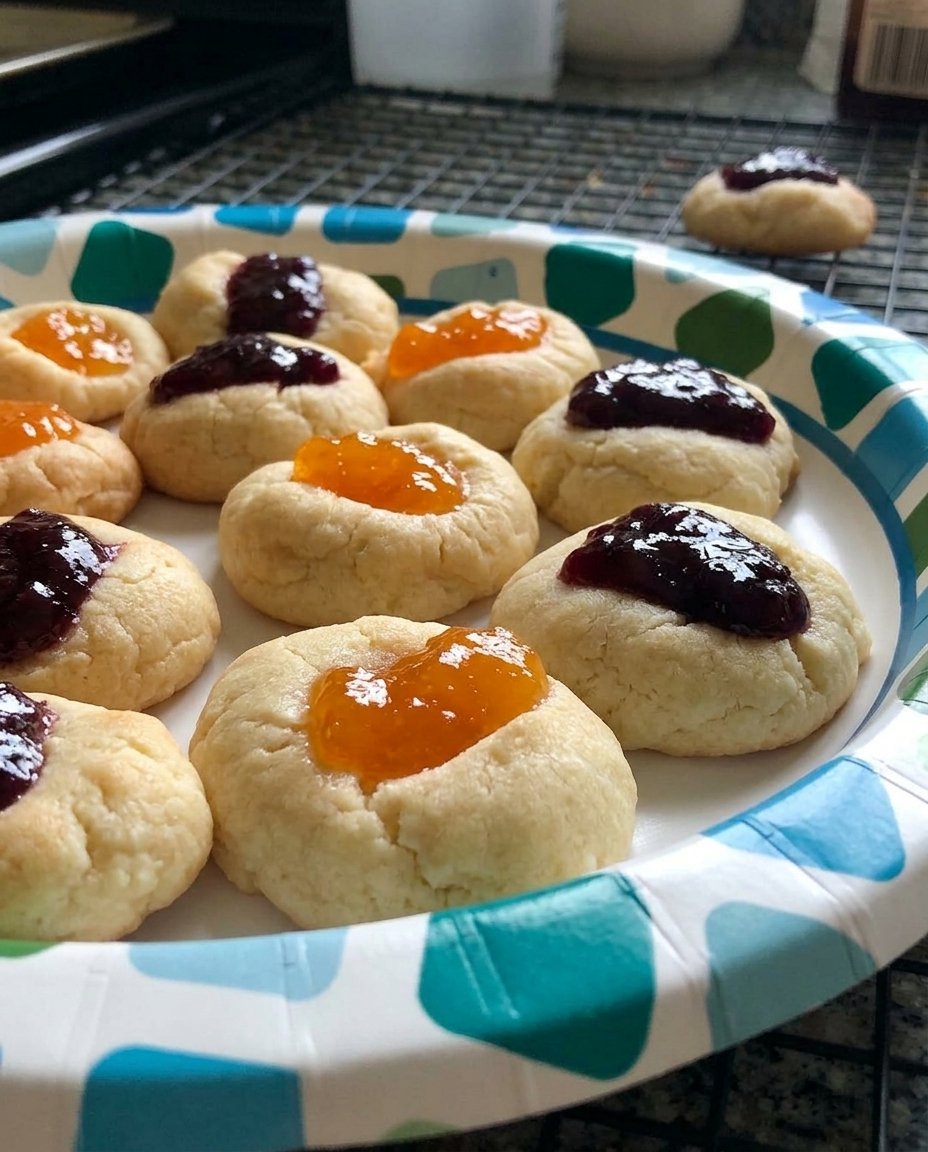 A plate of apricot thumbprint cookies next to a cup of tea