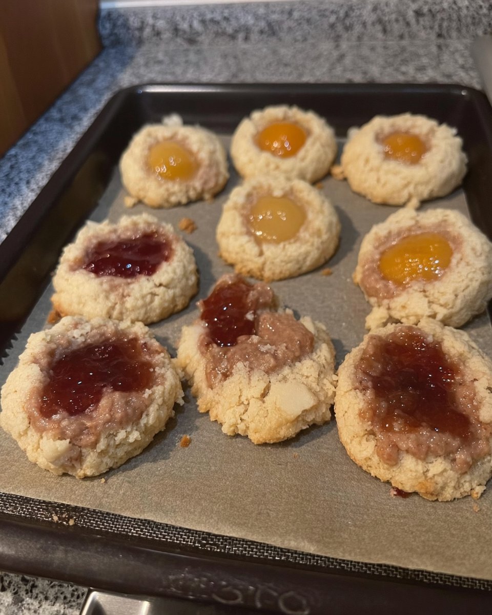 Apricot thumbprint cookies served on a decorative plate next to a cup of tea.