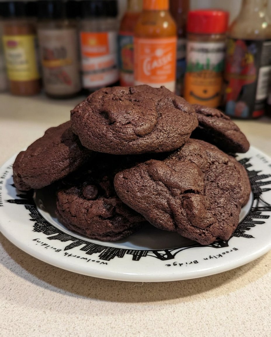 Two brownie cookies served on a white plate with a cold glass of milk