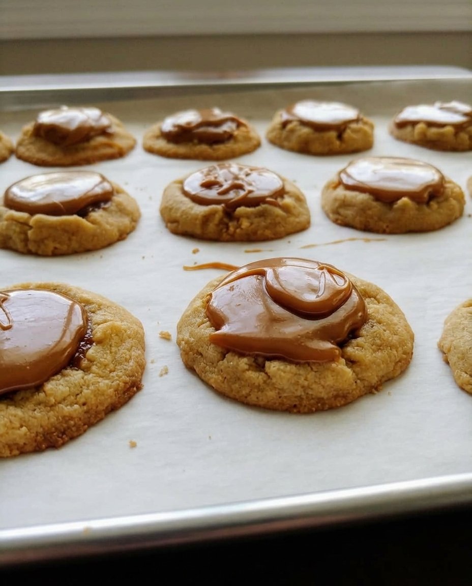 A plate of caramel thumbprint cookies ready to serve