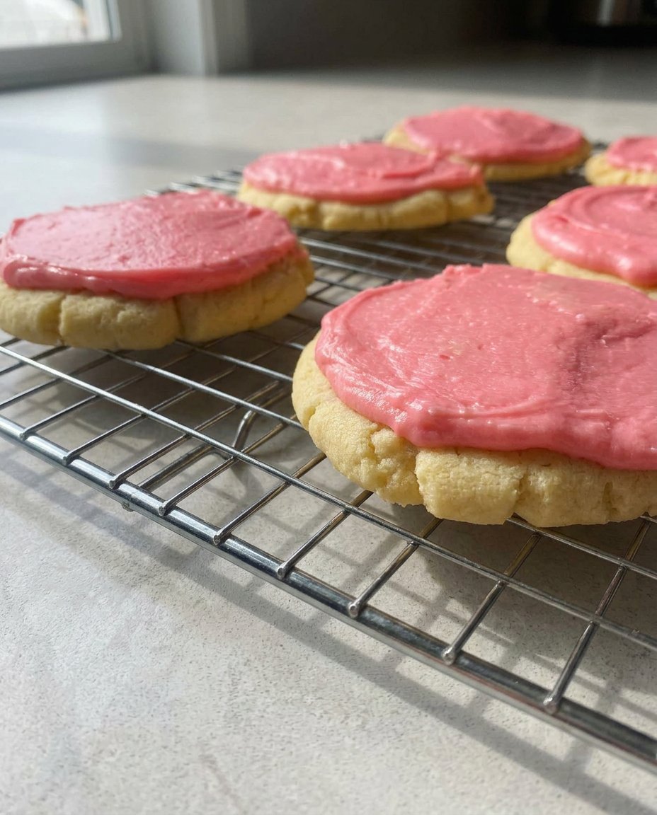 Platter of pink frosted sugar cookies being served
