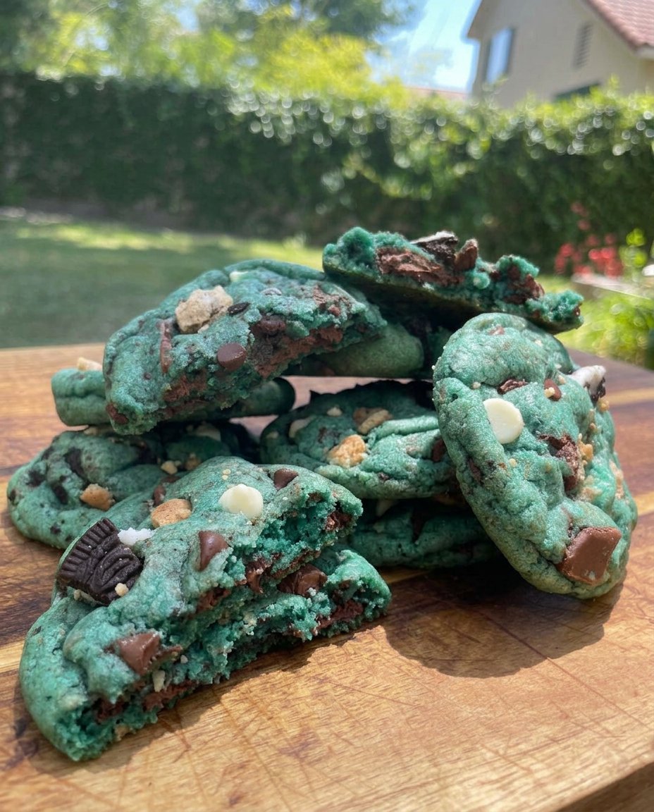 Cookie Monster cookies served on a white plate next to a glass of milk.