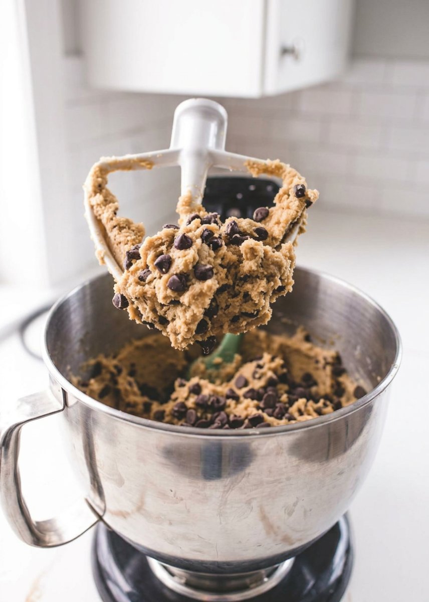 Two crispy chocolate chip cookies resting on a saucer next to a glass of cold milk.