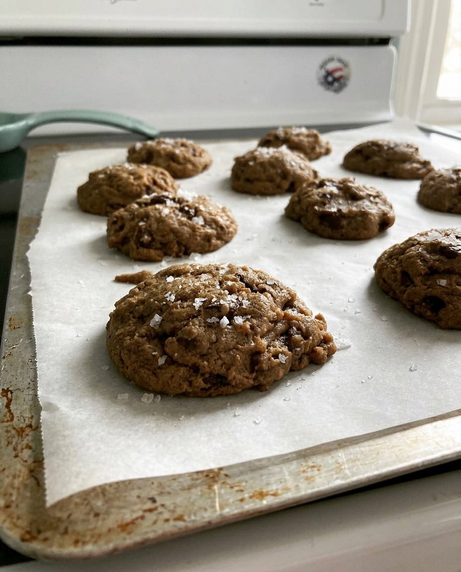 A warm espresso chocolate chip cookie next to a cup of coffee.