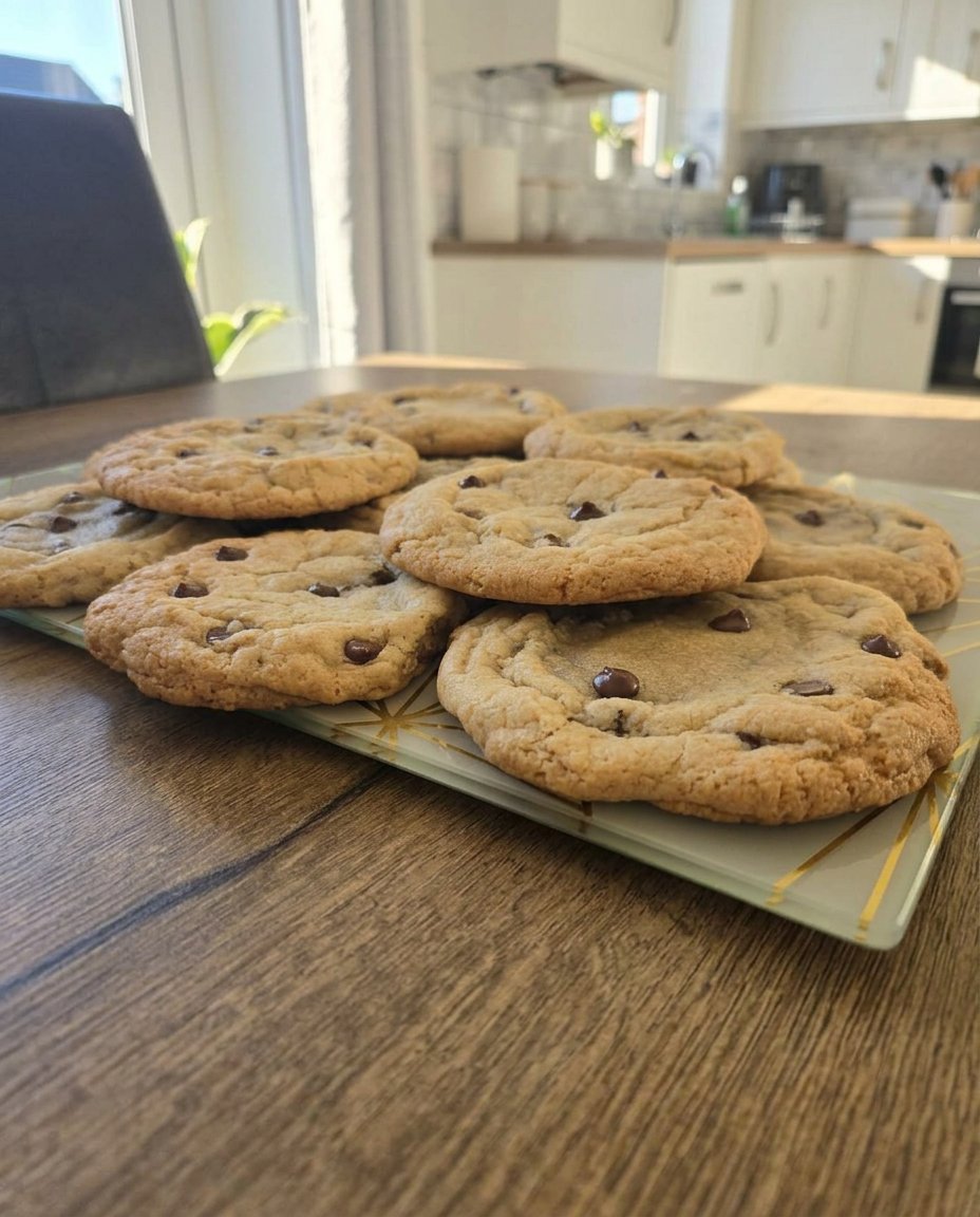 Gluten free chocolate chip cookies served with a glass of milk on a wooden table.
