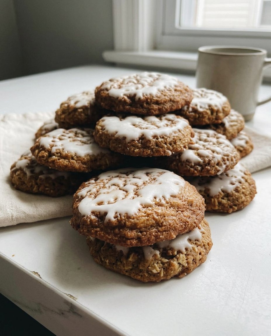 A plate of iced oatmeal cookies served with a glass of milk.