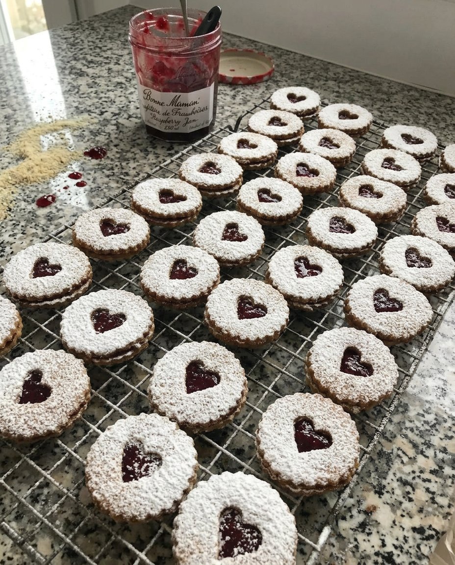 A plate of raspberry linzer cookies ready to serve