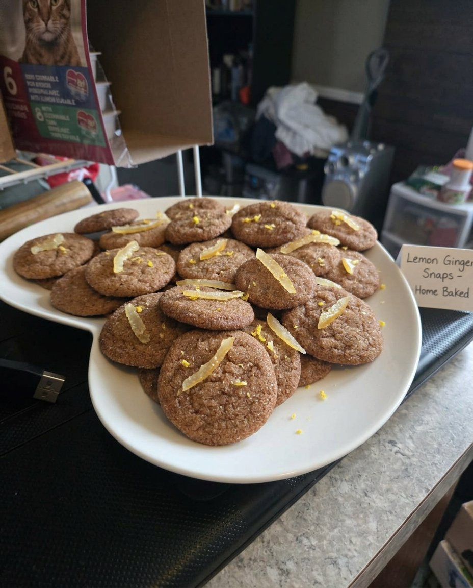 Lemon ginger snaps served on a plate with a glass of milk.