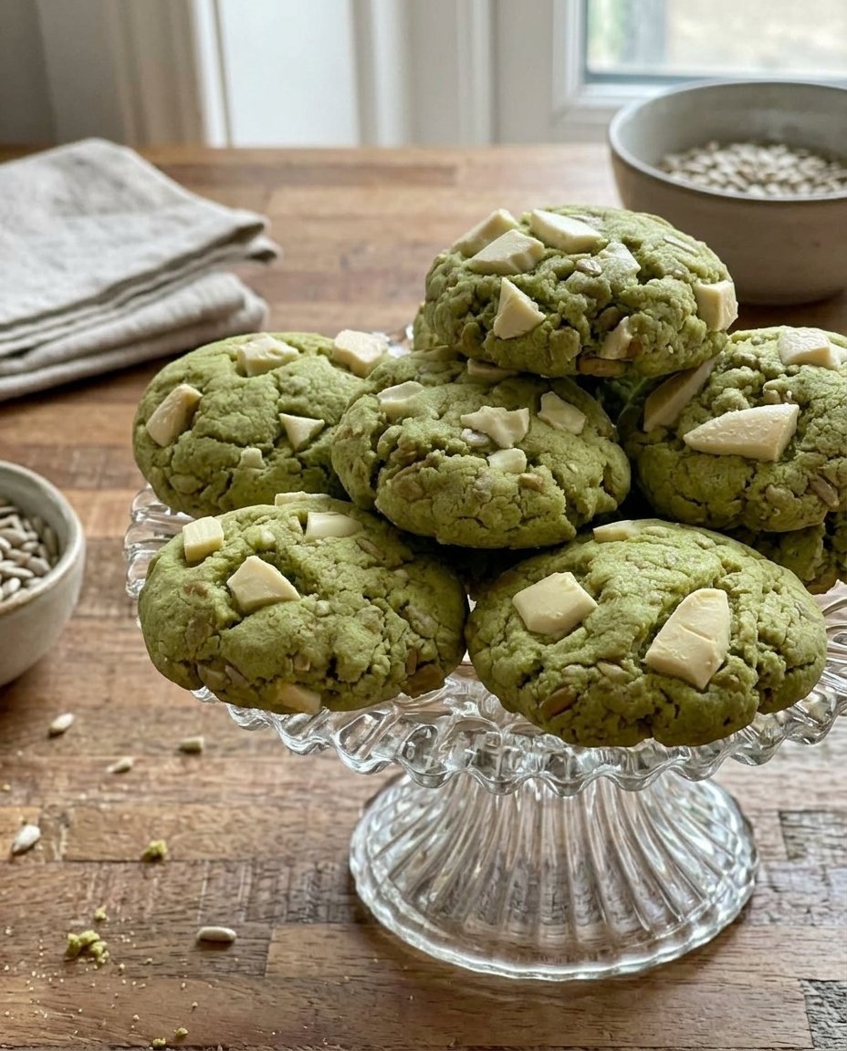 A glass jar filled with green matcha chocolate chips next to fresh cookies