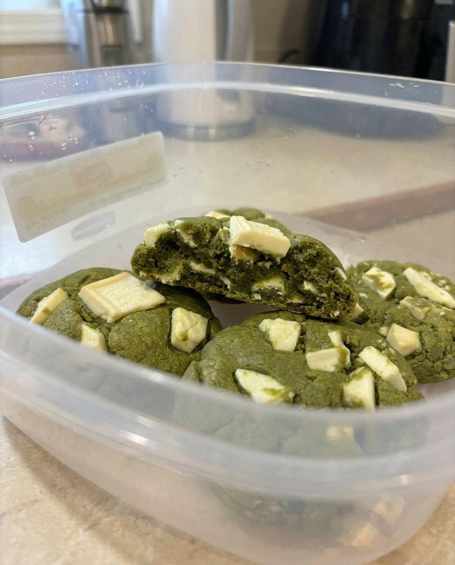 Matcha cookies served on a white plate with a cup of tea nearby.
