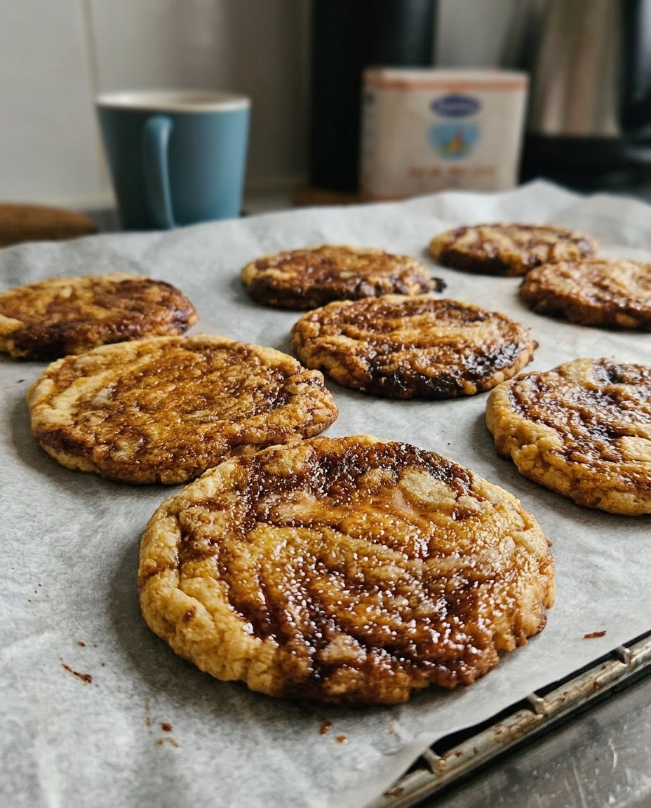Two miso caramel cookies on a small plate with a glass of milk