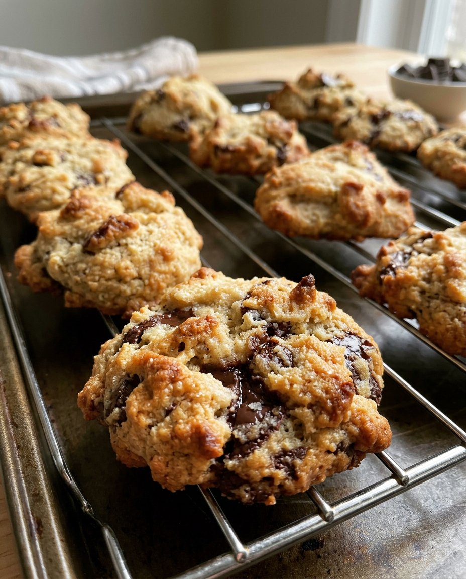 Two paleo chocolate chip cookies next to a glass of almond milk.