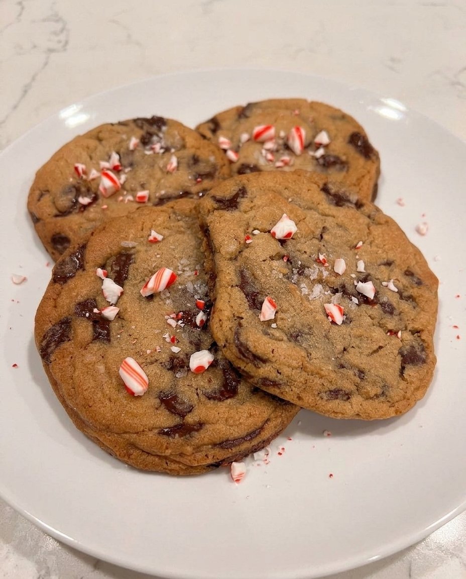 Peppermint chocolate chip cookies stacked next to a glass of milk