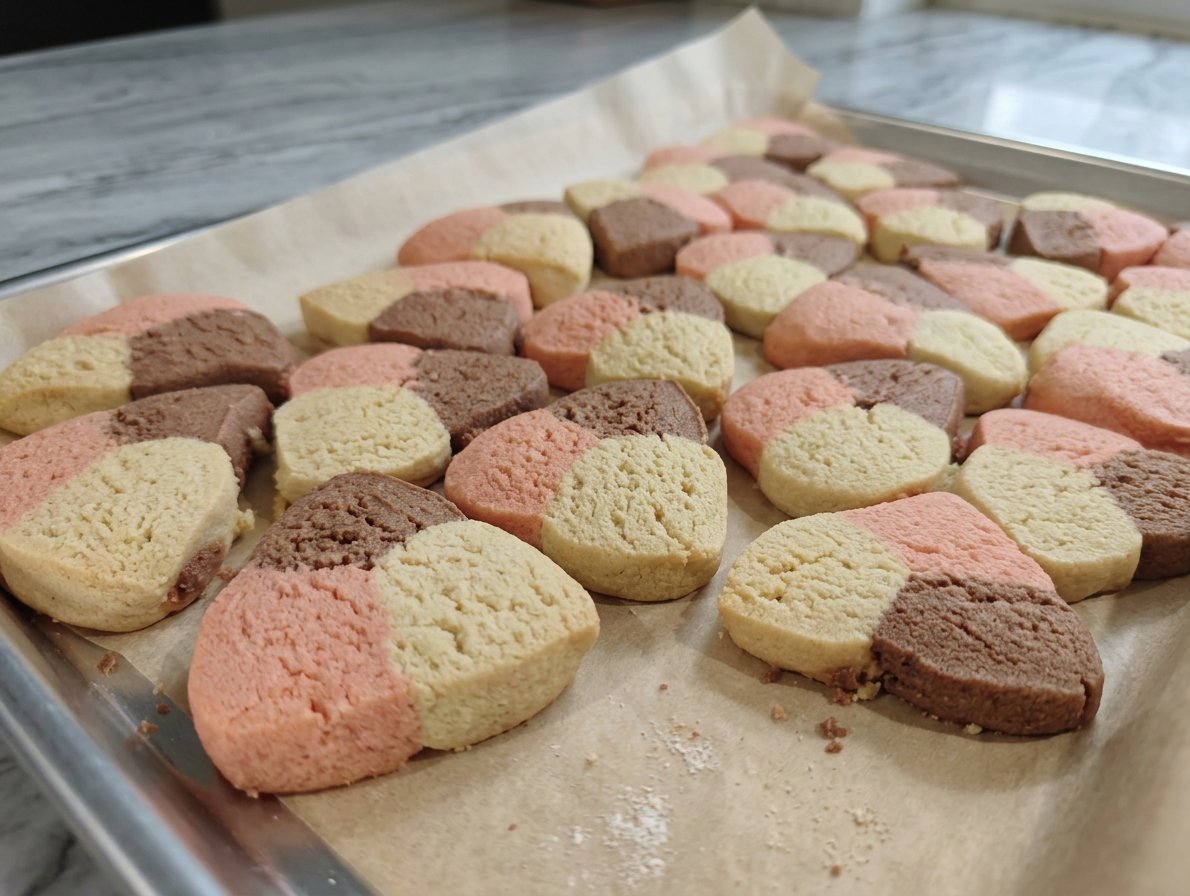 A plate of pink polvorones served with a cup of coffee