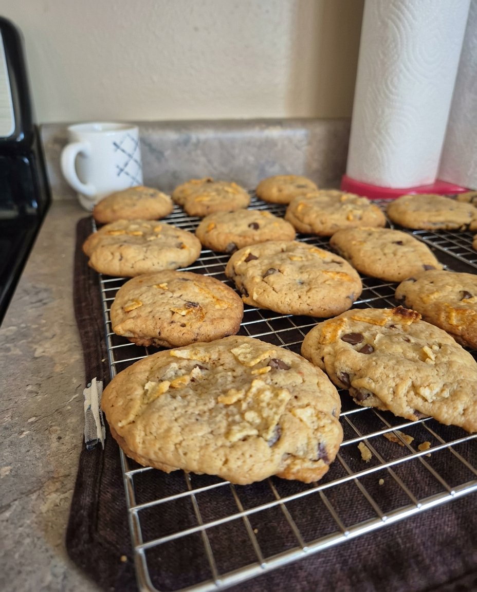 Two potato chip cookies served on a plate with a glass of cold milk.