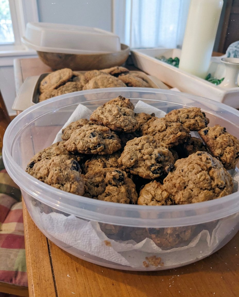 A plate of rum raisin cookies served with a cup of tea