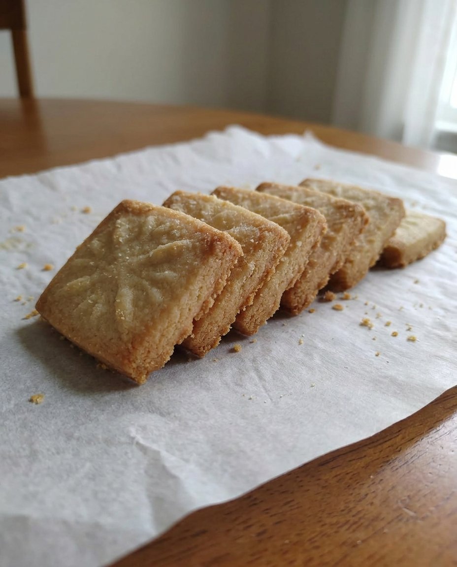 Shortbread cookies served on a plate next to a steaming cup of tea.