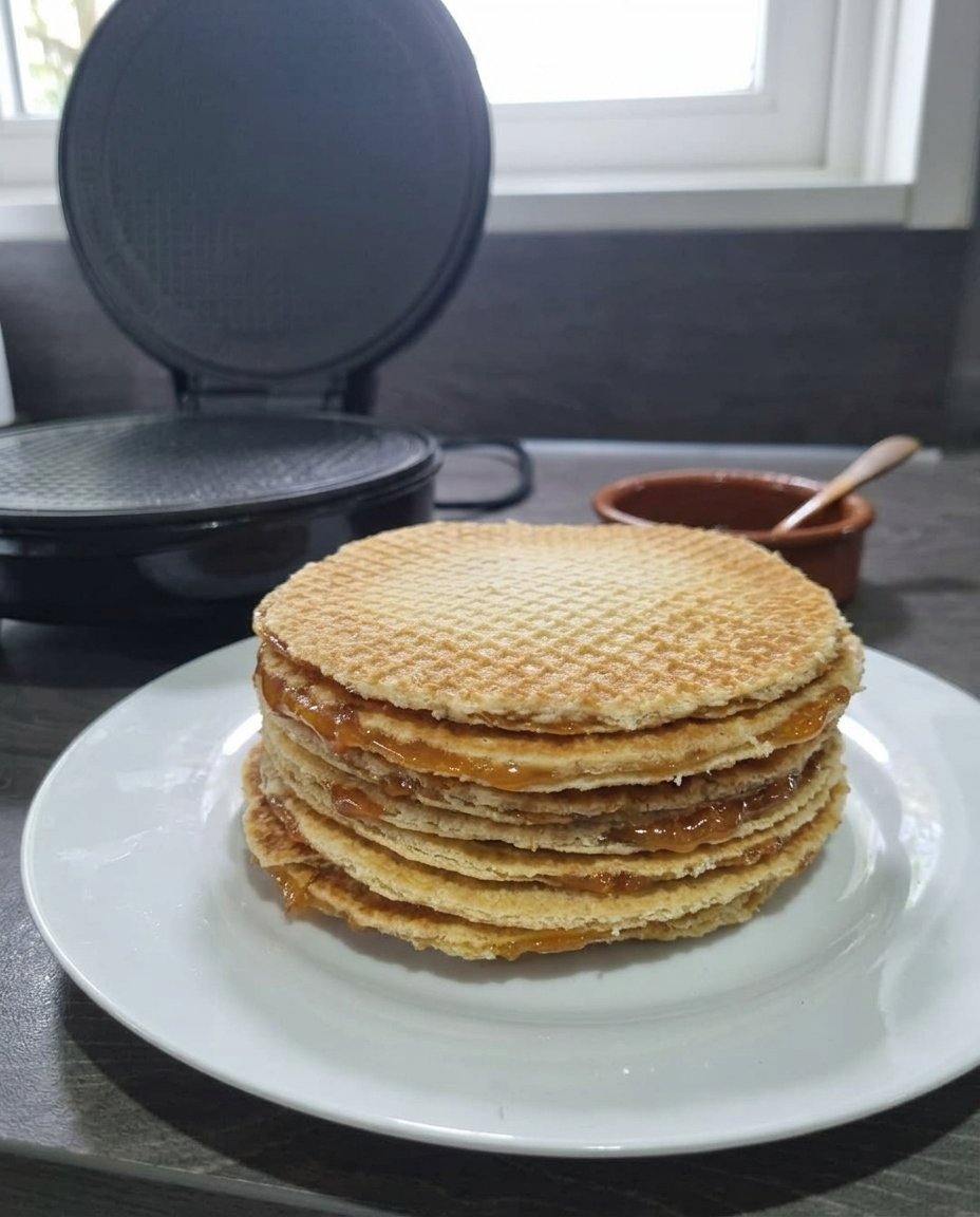 A stroopwafel cookie resting on top of a steaming cup of coffee