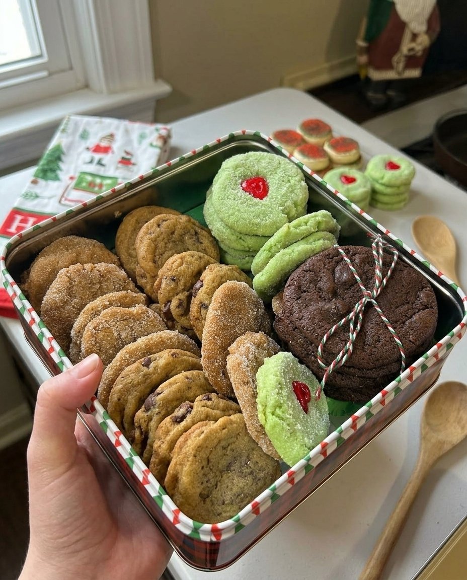 A finished cookie jar gift with a decorative ribbon and tag.