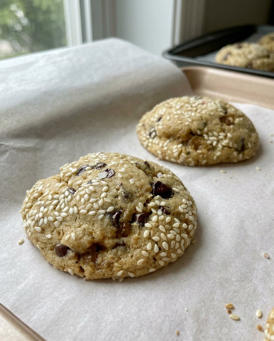 Two tahini chocolate chip cookies leaning against a glass of milk.