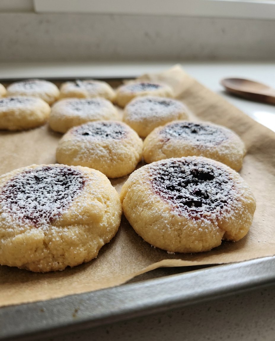 A plate of iced thumbprint cookies next to a cup of tea.