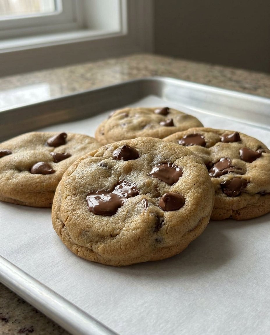 A warm chocolate chip cookie being pulled apart to show the melty center.
