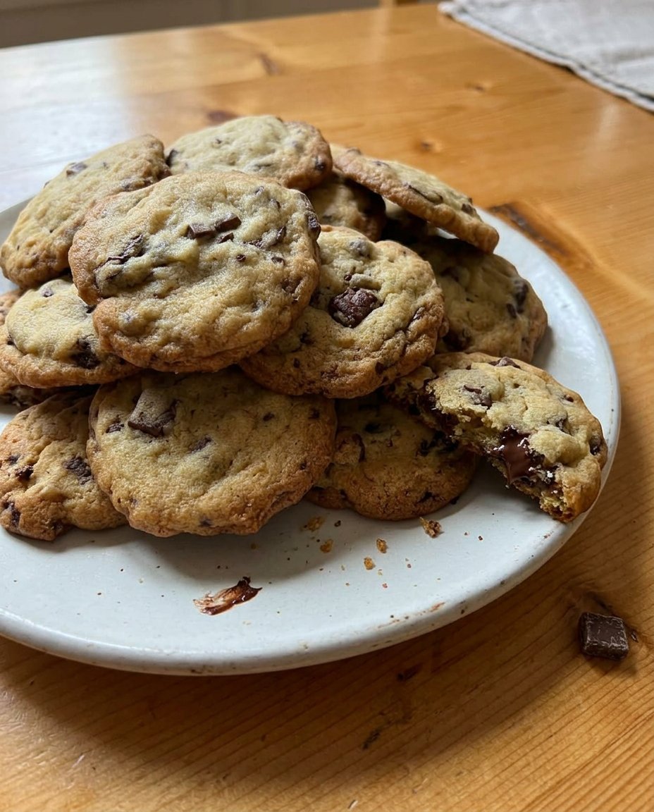 Warm cookies served with a glass of milk on a wooden table